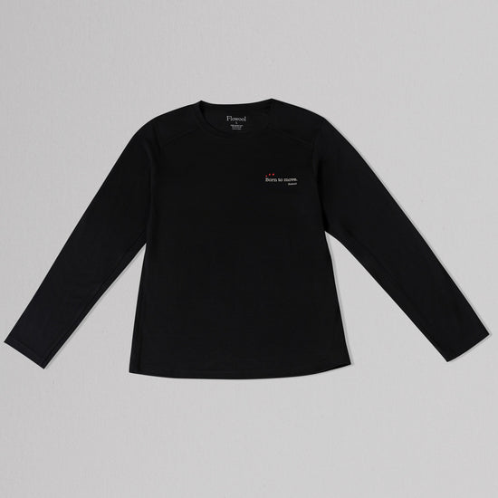 Black long-sleeve shirt with a small logo on a gray background