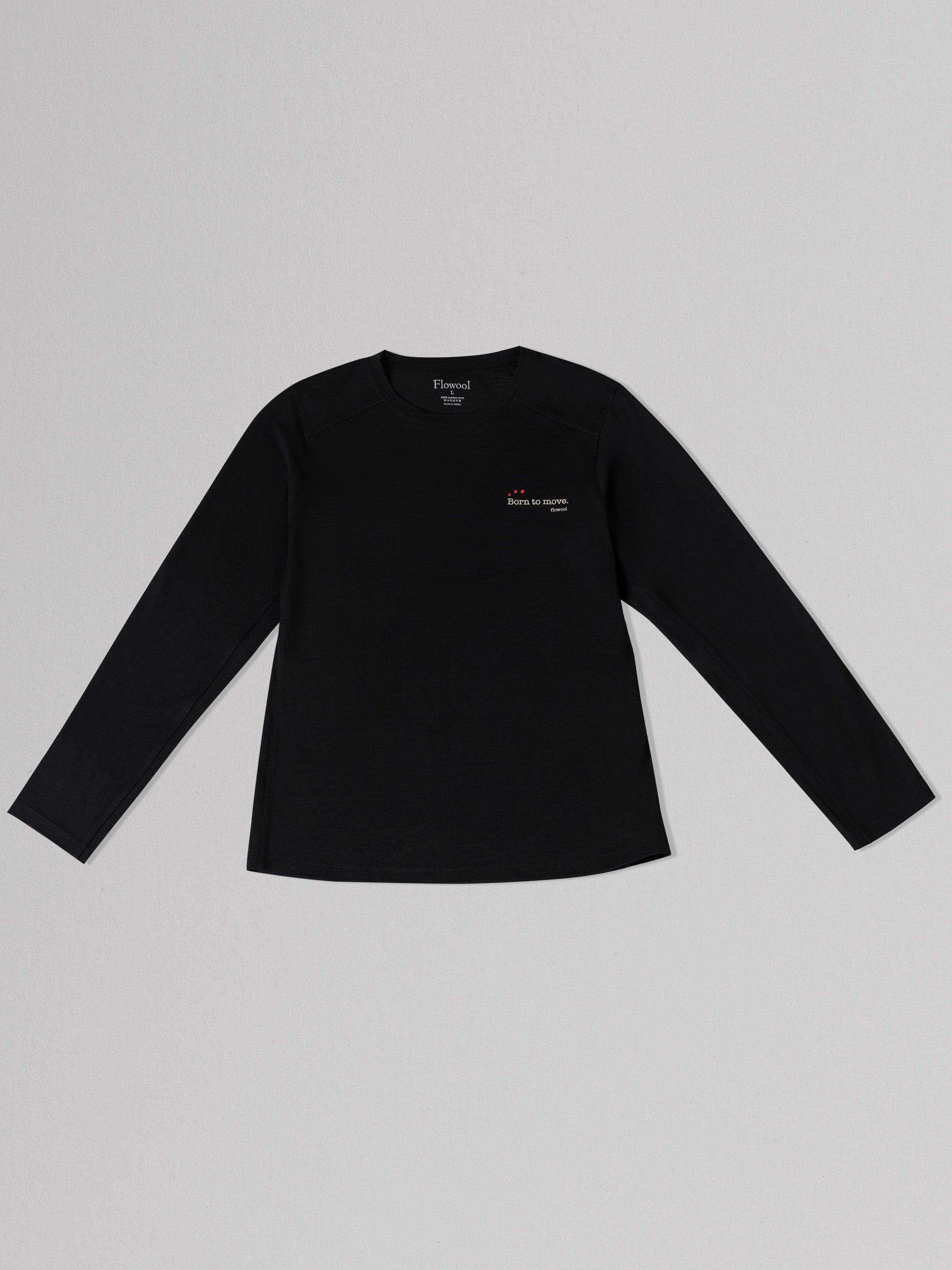 Black long-sleeve shirt with a small logo on a gray background