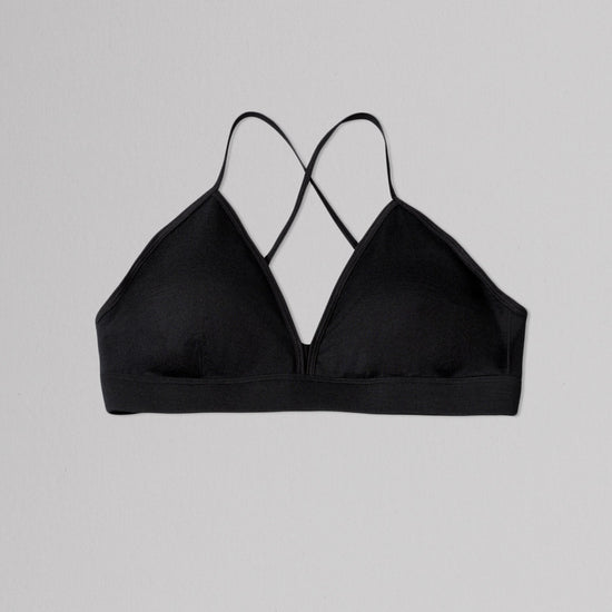 Black bralette on a light gray background