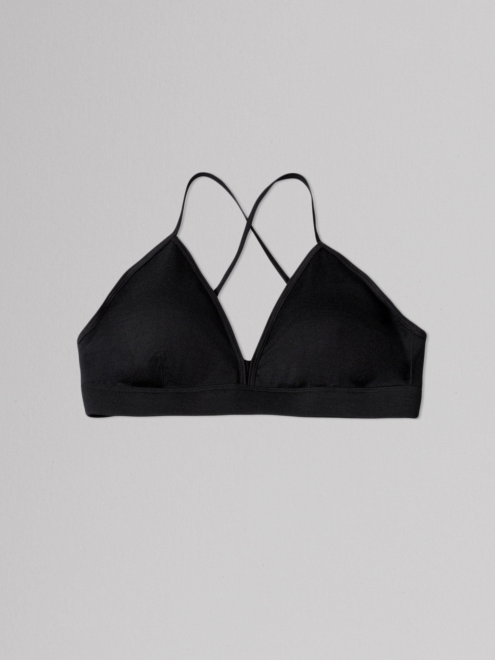 Black bralette on a light gray background