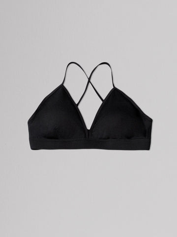 Black bralette on a light gray background