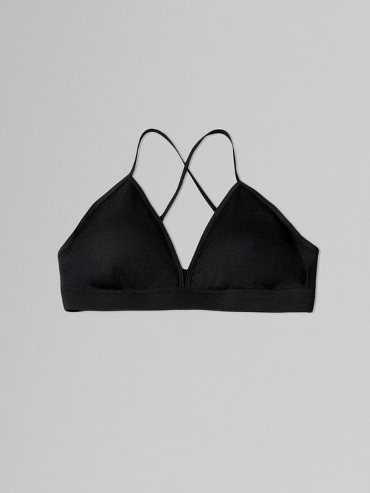 Black bralette on a light gray background