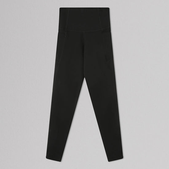 High-waisted black leggings with side pockets, displayed on a light gray background, suitable for activewear or casual wear.