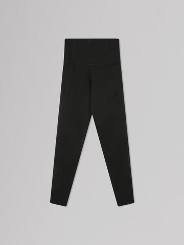 High-waisted black leggings with side pockets, displayed on a light gray background, suitable for activewear or casual wear.