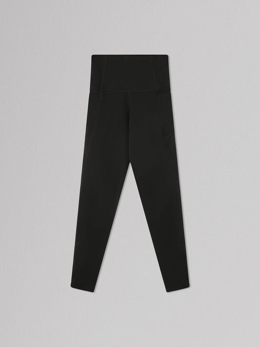 High-waisted black leggings with side pockets, displayed on a light gray background, suitable for activewear or casual wear.